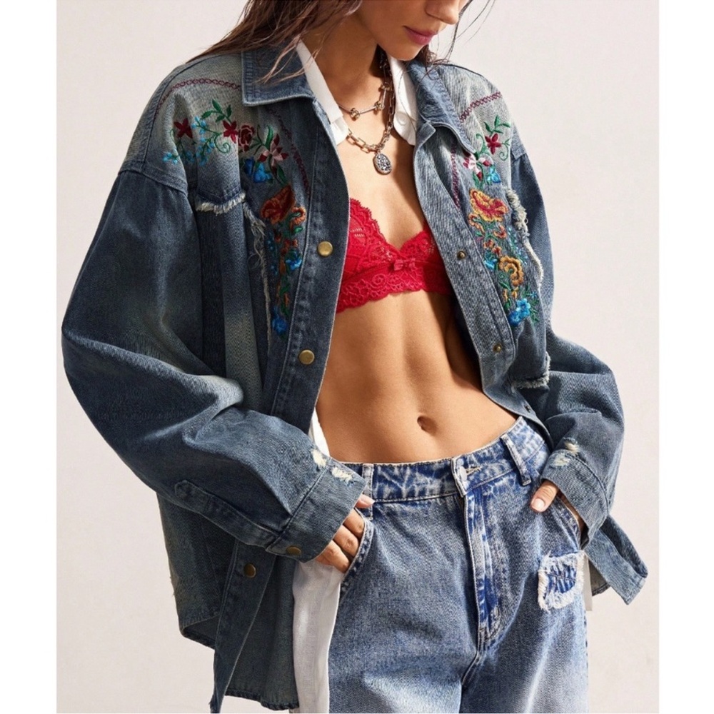 Western Floral Embroidered Button Down OversizedDenim Jean Shirt S M L XL
